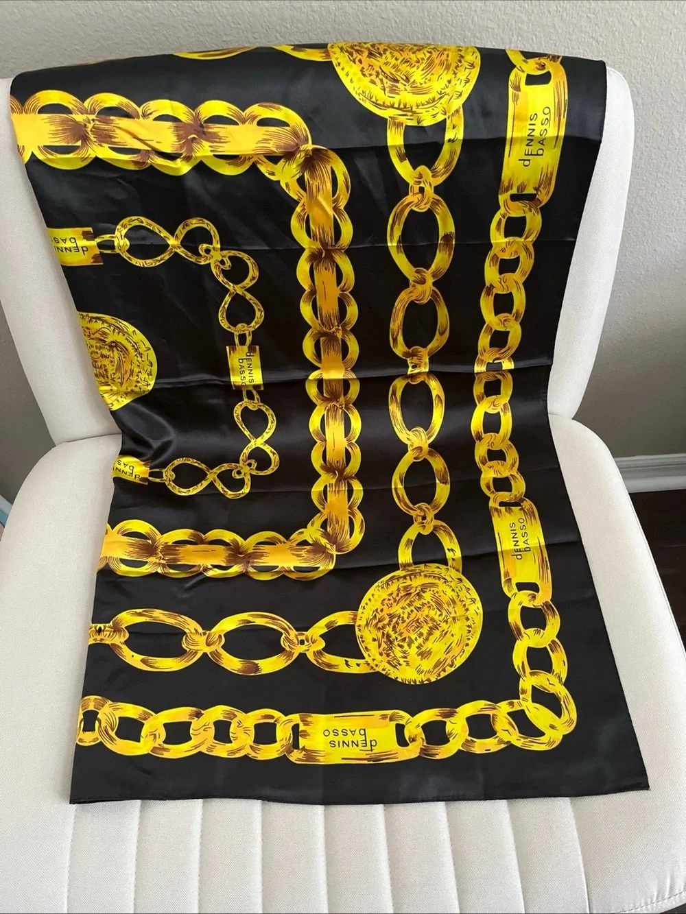 dennis basso Black and Yellow Chain Motif Silk Scarf